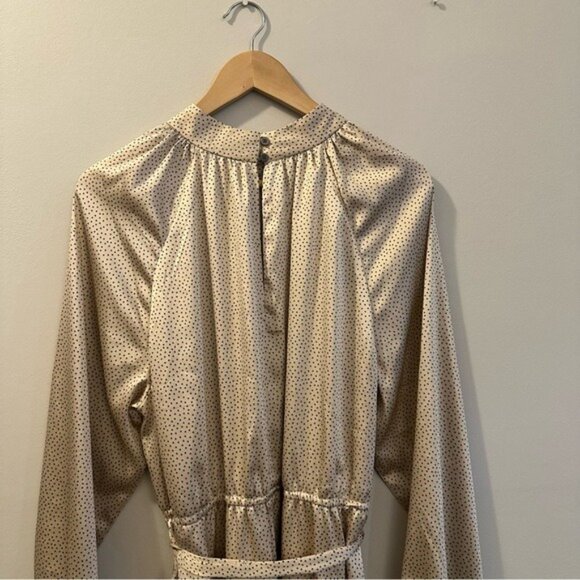 LOFT Satin Polka Dot Midi Dress Beige Black Long Sleeve Size 14 - Picture 9 of 15